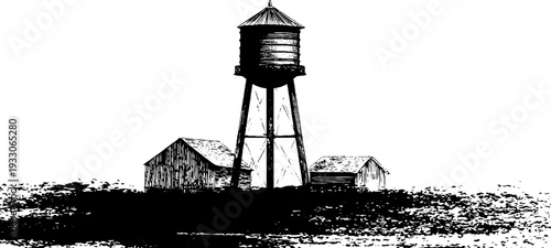 Rustic water tower silhouette in high contrast stencil style for retro design projects
