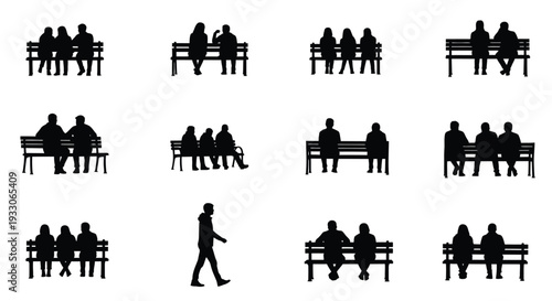 Multiple park scenes depicting people on benches a distinct silhouette