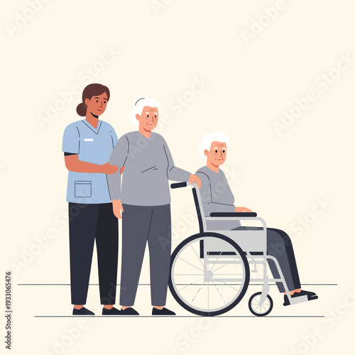 Caregiver helps elderly women, one in a wheelchair, in a supportive healthcare setting.
