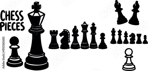 Flat design bold chess piece silhouettes close up king and pawn with row of pieces and hand drawn feel vector