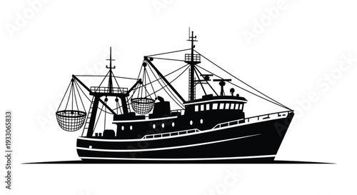 Detailed fishing boat illustration with a bold striking silhouette