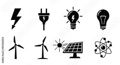 Energy sources and icons represented in a minimalist black silhouette