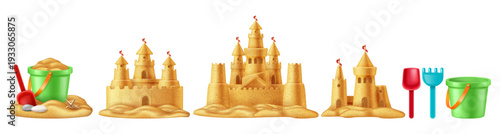 Sand castles with bucket, shovel and rake. Vector realistic isolated summer coastal travel and vacation elements. Grain sculptures with plastic toys. Travel banner, holiday poster or family leisure