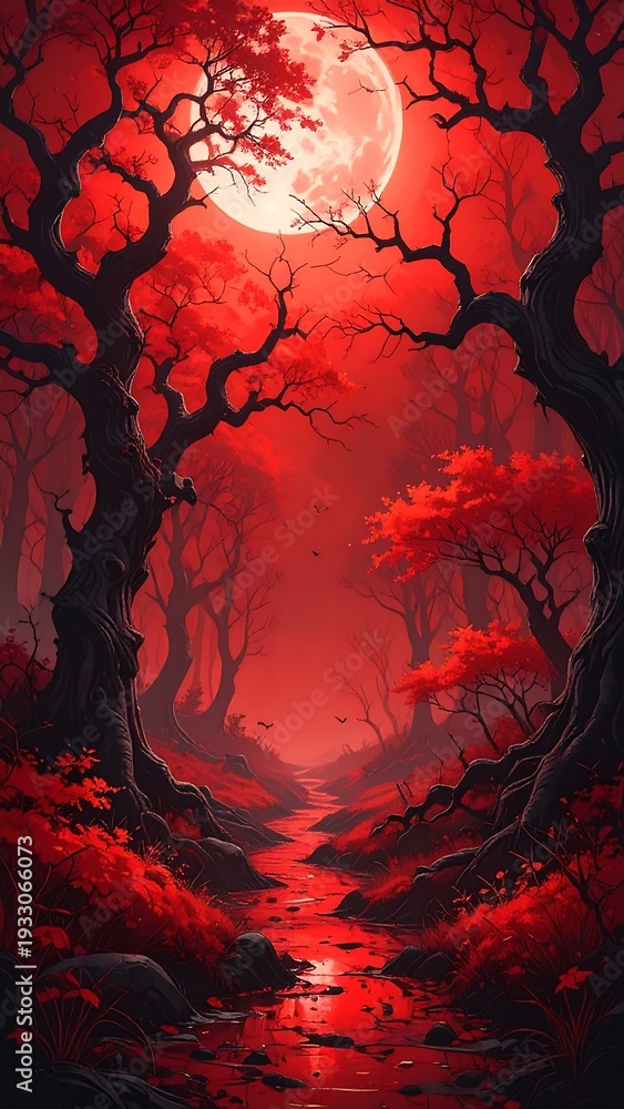 Fototapeta premium Red-toned forest landscape with a large moon illuminating a narrow path