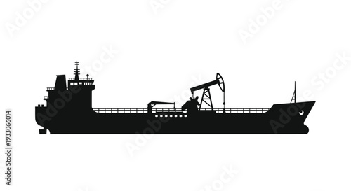 Black ship profile with oil derrick a striking silhouette