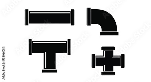 Black pipe fittings in various shapes displayed as a silhouette