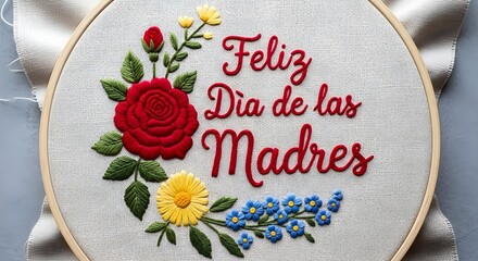A vibrant embroidered floral design with Happy Mother's Day text in a wooden hoop on fabric