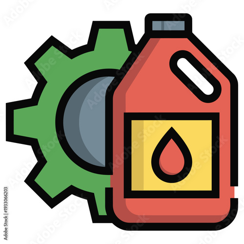 Red and yellow lubricant bottle with gear symbol representing mechanics and automotive maintenance