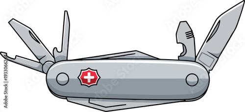 Vector illustration of Swiss army knife with multiple tools open, isolated on white background