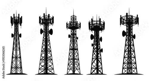 Five communication towers stand against a plain background silhouette