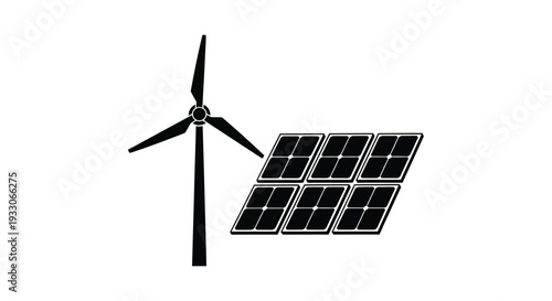 Wind turbine and solar panels depicted in a striking black silhouette