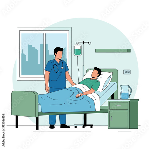 Doctor caring for patient in hospital bed with IV drip, medical care and recovery concept
