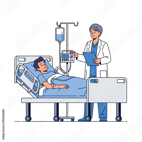 Doctor checks on patient in hospital bed with IV drip and medical equipment