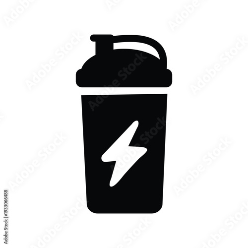 Black protein shaker bottle icon with lightning bolt symbol