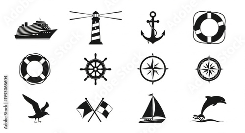 Collection of nautical themed illustrations featuring various maritime symbols and elements.
