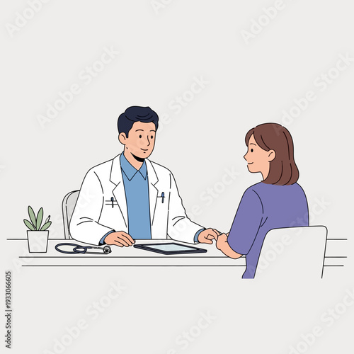 Doctor consulting patient at desk with stethoscope and tablet, medical consultation