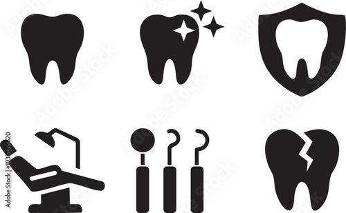 Dental health icons teeth chair tools and a shield for protection