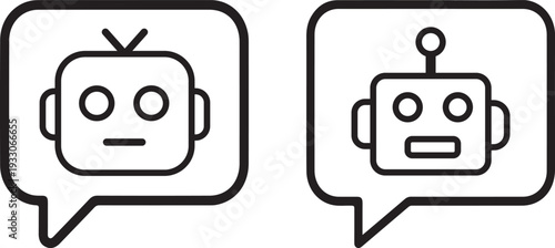 AI robot heads in speech bubbles symbolize chatbot communication and digital dialogue