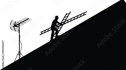 Silhouette of a professional technician carrying a ladder on a steep roof near a television antenna for home repair, installation, and maintenance services.