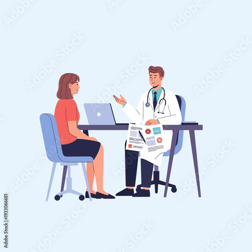 Doctor consulting patient in clinic, medical appointment, healthcare concept