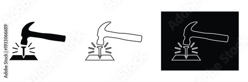 Hammer hitting nail icon set in various styles