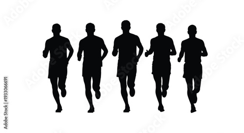 Five men running in a row depicted as a stark silhouette