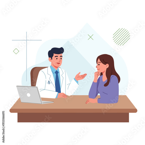 Doctor consulting patient in clinic, doctor explaining diagnosis, medical consultation, healthcare concept