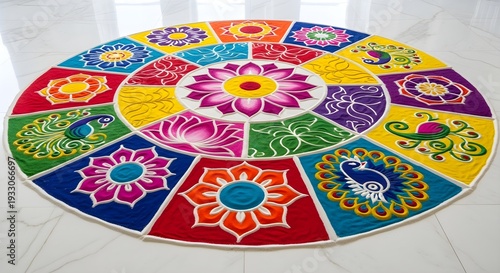 Vibrant Indian rangoli design on floor with colorful flowers and patterns