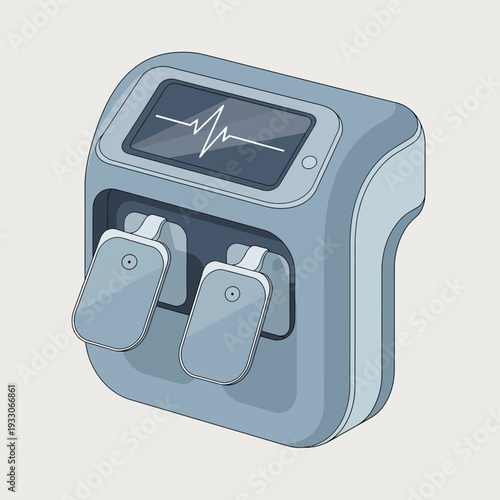 Defibrillator medical device with ecg heart rhythm on screen, emergency equipment