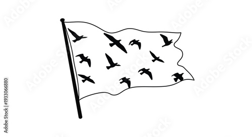 A waving flag depicts a flock of birds in flight silhouette