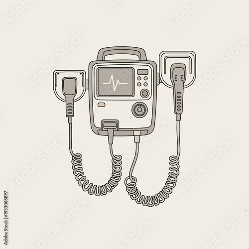 Defibrillator Medical Device with ECG Monitor and Paddles, Healthcare Equipment Illustration