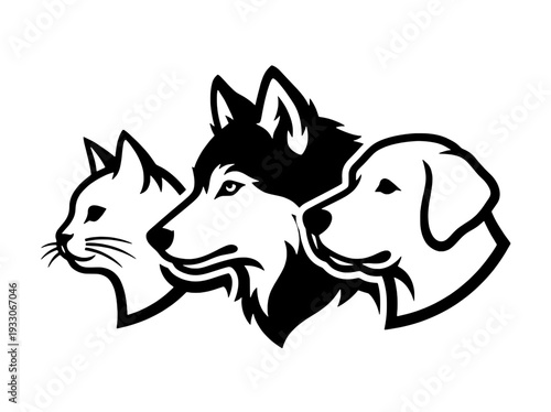 Domestic Pet Animal Head Vector Illustration Set Featuring Cat, Husky, and Labrador Retriever Isolated on Transparent Background