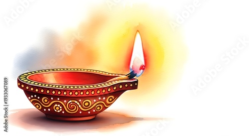 A traditional Indian diya lamp burns brightly on a table indoors