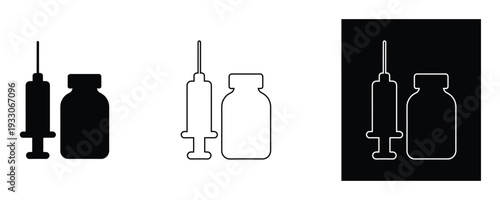 Medical syringe and bottle icons in black, white, and outlined styles for healthcare designs
