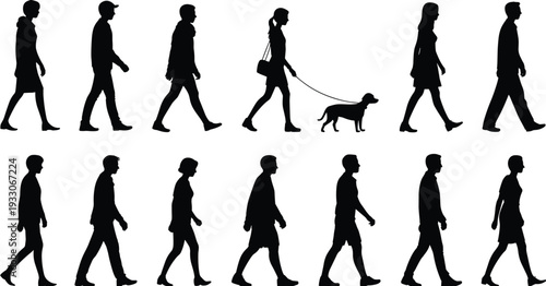 Silhouette illustration of twelve walking people including men, women, and one figure with a dog, symbolizing pedestrian movement, lifestyle, fashion, and urban design concept