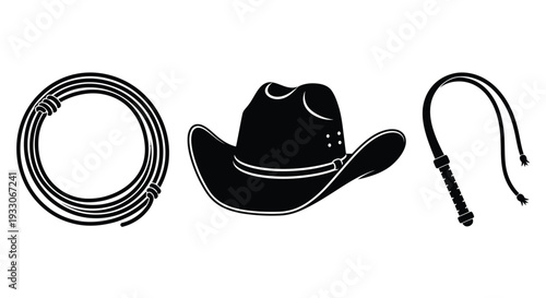 Cowboy hat lasso and whip arrangement in a striking silhouette