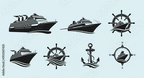Collection of nautical themed vector illustrations featuring ships, anchors, and steering wheels.