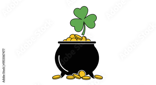 Black cauldron filled with gold coins and shamrock on white background.