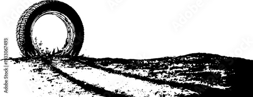 Vintage wheel stop block in stencil style with high contrast abstract design for automotive art