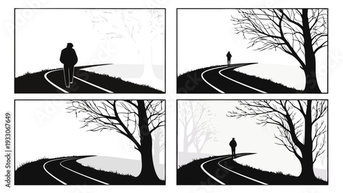 A man's journey through life depicted in a series of four black and white illustrations Vector
