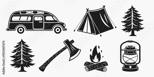 Outdoor adventure with camping gear and vehicle in a forest setting Vector