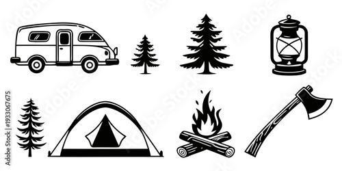 Outdoor activities and camping equipment illustrated in black and white Vector