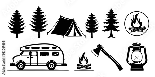 Outdoor camping and recreational activities with various equipment and vehicles Vector
