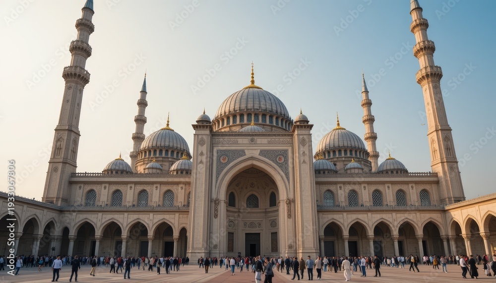 Fototapeta premium Crowd gathers at stunning mosque with intricate architecture and domes