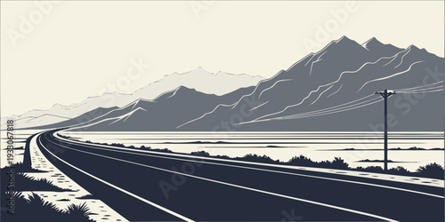 A serene winter landscape with a winding road leading to snow-covered mountains Vector