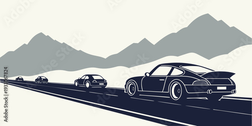 A line of cars driving on a mountain road with a scenic view Vector