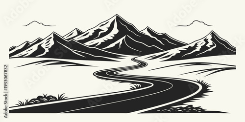 A winding road leading to a majestic mountain range with snow-capped peaks Vector