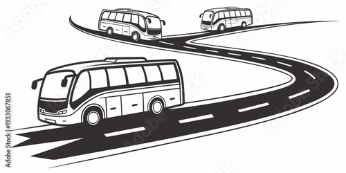A row of buses and cars driving on a winding road in a black and white illustration Vector