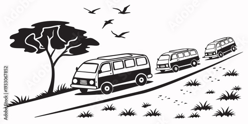 A vintage train traveling through a serene countryside landscape with birds flying overhead. Vector