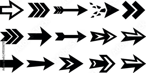 Flat design bold chevron arrow icon set showing right facing arrowheads in varied geometric styles isolated on white vector background